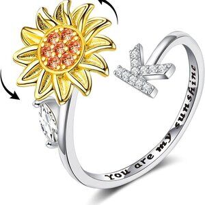 Fidget Rings for Anxiety for Women Sunflower Initial Letter Spinner Open Adjusta